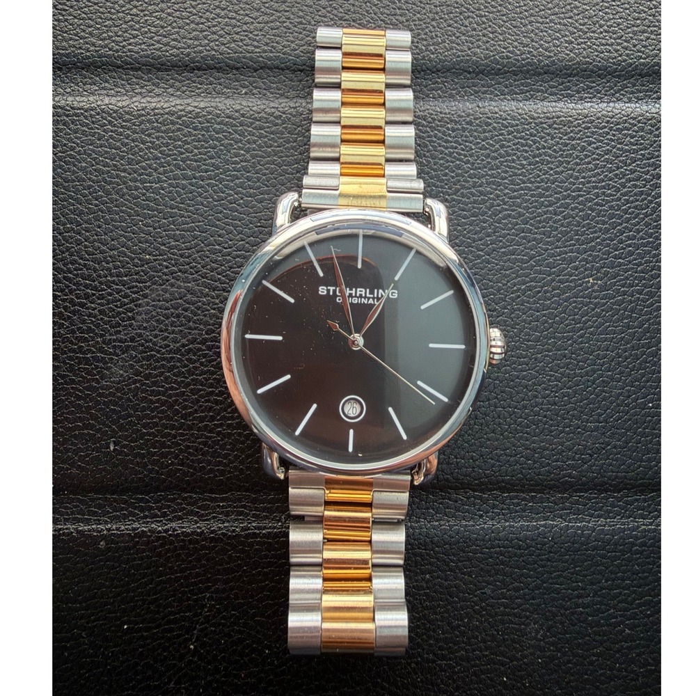 Stuhrling Original Mens Watch Two Tone Gold Silver Black Dial Swiss Quartz 0030